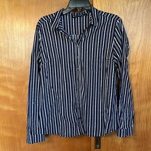 New York and Company Button Up Blouse Blue and White Dots